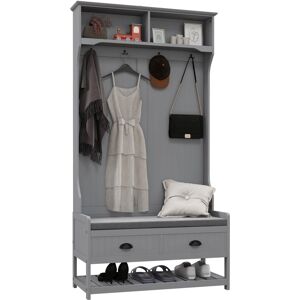 Homcom Hall Tree, Coat Rack and Bench Seat with 4 Hooks, 2 Drawers, Gray - Grey