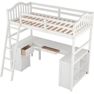 Simplie Fun Twin Size Loft Bed With Drawers, Cabinet, Shelves And Desk, Wooden Loft Bed With Desk - White