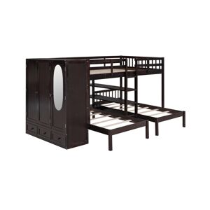 Simplie Fun Full-Over-Twin-Twin Bunk Bed With Shelves, Wardrobe And Mirror - Espresso