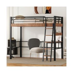 Simplie Fun Metal Twin Size Loft Bed With Built-In Desk, Storage Shelf And Ladder - Black