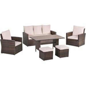 Outsunny 6 Pcs Patio Dining Set All Weather Rattan Wicker Furniture Set with Wood Grain Top Table and Soft Cushions, Beige - Beige