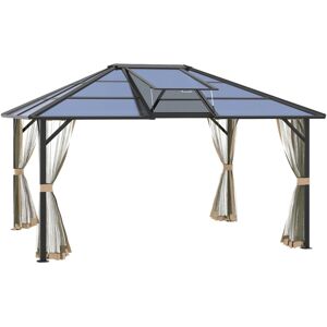 Outsunny 12x14 Hardtop Gazebo with Aluminum/Metal Frame, Polycarbonate Gazebo Canopy with Netting and Top Vent for Garden, Patio, Backyard, Grey - Gre