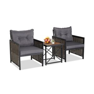 Costway 3 Pcs Patio Rattan Furniture Set Acacia Wood Coffee Table & 2 Chairs Backyard - Grey