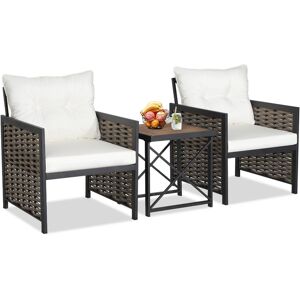 Costway 3 Pcs Patio Rattan Furniture Set Acacia Wood Coffee Table & 2 Chairs Backyard - White