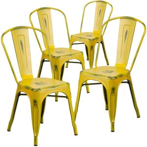 Emma+oliver Commercial Grade 4 Pack Distressed Metal Indoor-Outdoor Stackable Chair - Yellow