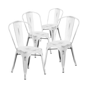 Emma+oliver Commercial Grade 4 Pack Distressed Metal Indoor-Outdoor Stackable Chair - White