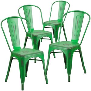 Emma+oliver Commercial Grade 4 Pack Distressed Metal Indoor-Outdoor Stackable Chair - Green