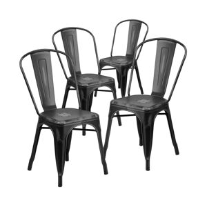 Emma+oliver Commercial Grade 4 Pack Distressed Metal Indoor-Outdoor Stackable Chair - Black