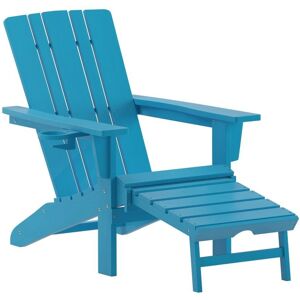 Merrick Lane Ridley Hdpe Adirondack Chair With Cup Holder And Pull Out Ottoman, All-Weather Hdpe Indoor/Outdoor Lounge Chair - Blue