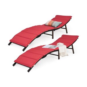 Costway 2PCS Patio Rattan Folding Lounge Chair Stackable Double Sided Cushion - Red
