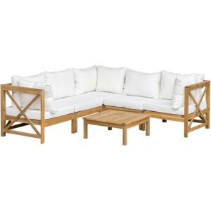 Outsunny Patio Conversation Furniture Set, Acacia Wood, 5 Seats, 6 Piece Outdoor Modular Sectional Sofa, Coffee Table, 3 Corner Segments, 2 Chair Segm