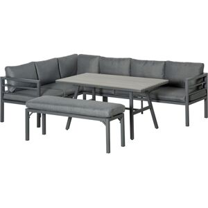 Outsunny Patio Conversation Furniture Set, Seats 8, 4 Piece L-Shaped Outdoor Sectional Sofa with Dining Table, 2 Couches, Cushions and Bench, Heather