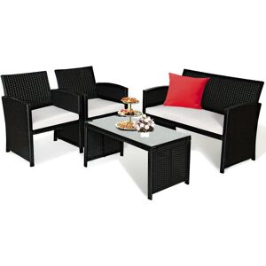 Costway 4PCS Patio Rattan Furniture Conversation Set Cushioned Sofa Coffee Table Garden - Black