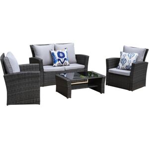 Simplie Fun 4-Pieces Pe Rattan Wicker Outdoor Patio Furniture Set With Grey Cushions - Grey