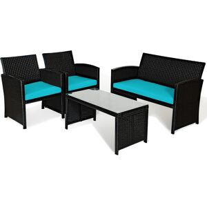 Costway 4PCS Patio Rattan Furniture Conversation Sets Cushion Sofa Table Garden - Turquoise/Aqua