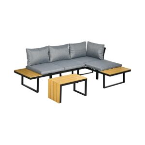 Outsunny 3 Piece Patio Furniture Set, Outdoor Sofa Set with Chaise Lounge & Loveseat, Soft Cushions, Woodgrain Plastic Table, L-Shaped Sectional Couch