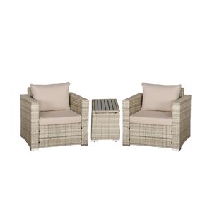 Outsunny 3-Piece Pe Rattan Wicker Sofa Sets Outdoor Armchair Sofa Furniture Set w/ Plastic Wood Grain Side Table and Washable Cushions, Grey - Grey