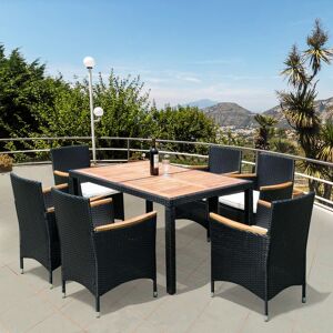 Simplie Fun 7 piece Outdoor Patio Wicker Dining Set Patio Wicker Furniture Dining Set w/Acacia Wood Top - Black