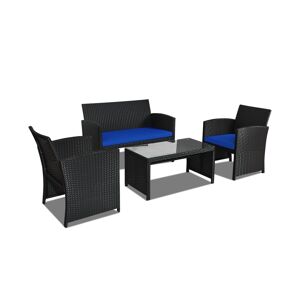Slickblue 4 Pieces Rattan Patio Furniture Set with Weather Resistant Cushions and Tempered Glass Tabletop - Navy