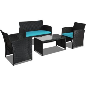 Slickblue 4 Pieces Rattan Patio Furniture Set with Weather Resistant Cushions and Tempered Glass Tabletop - Turquoise