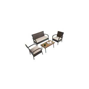 Slickblue 4 Pieces Patio Cushioned Wicker Conversation Set with Acacia Wood Tabletop - Beige