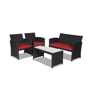 Slickblue 4 Pieces Rattan Patio Furniture Set with Weather Resistant Cushions and Tempered Glass Tabletop - Red