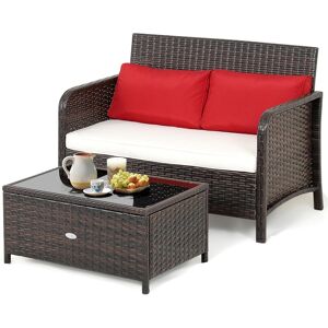 Costway 2PCS Patio Rattan Wicker Love-seat Coffee Table Set Cushioned Bench Garden Deck - White