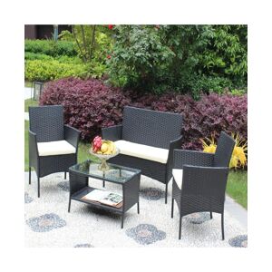 Simplie Fun 4 Pc Rattan Patio Furniture Set Outdoor Patio Cushioned Seat Wicker Sofa (Beige Cushion) - Black