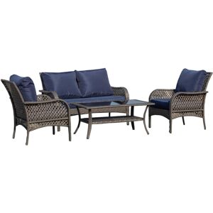 Outsunny 4-Piece Outdoor Wicker Sofa Set, Outdoor Pe Rattan Conversation Furniture with 4 Chairs & Table, Water-Fighting Material, Blue - Blue