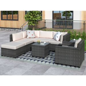 Simplie Fun 8 Piece Rattan Sectional Seating Group with Cushions, Patio Furniture Sets, Outdoor Wicker Sectional(As same as WY000271AAA) - Beige/khaki