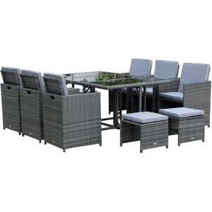 Outsunny 11 Pieces Patio Wicker Dining Sets, Space Saving Outdoor Sectional Conversation Set, with Dining Table, Ottoman and Chair & Cushioned for Law