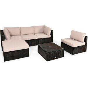 Costway 6PCS Outdoor Patio Rattan Furniture Set Cushioned Sectional Sofa - Beige Khaki