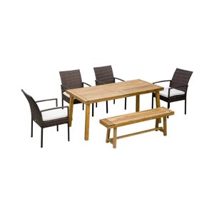 Outsunny Outdoor Dining Set, Patio Table and Chairs Set of 6, Pe Wicker Seats, Armrests, Acacia Wood Loveseat Bench & Dinner Table, Cushions, White