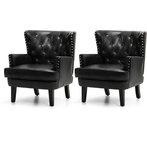 Glitzhome 2-Piece Mid-Century Modern Leatherette Button-Tufted Accent Arm Chairs Set - Black