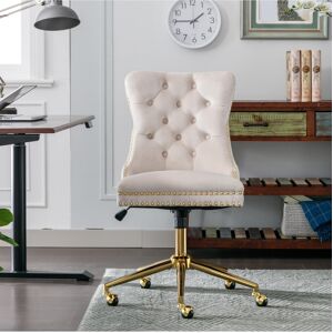 Simplie Fun A&A Furniture Office Chair,Velvet Upholstered Tufted Button Home Office Chair with Golden Metal Base,Adjustable Desk Chair Swivel Office Chair (Beige)