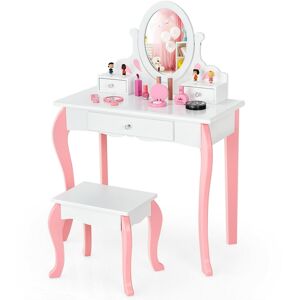 Costway Kids Vanity Princess Makeup Dressing Table Stool Set W/ Mirror Drawer - White