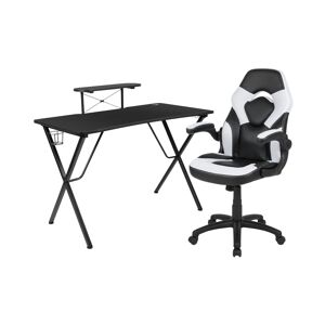 Emma+oliver Gaming Desk And Racing Chair Set With Headphone Hook, And Monitor Stand - White