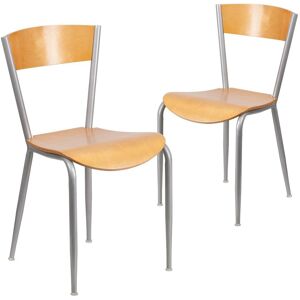 Emma+oliver 2 Pack Silver Metal Restaurant Chair - Natural wood seat/silver frame