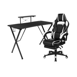 Emma+oliver Gaming Bundle-Cup/Headphone Desk & Reclining Footrest Chair - White