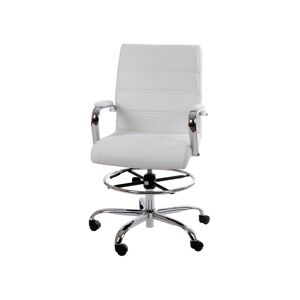 Merrick Lane Tevia Mid-Back Drafting Chair With Adjustable Foot Ring Upholstered Swivel Chair With Chrome Base - White