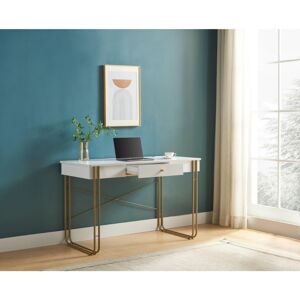 Simplie Fun Computer Desk Writing Desk with One Drawer Metal Legs and Usb Outlet Port & x2013; White & Gold - Open White