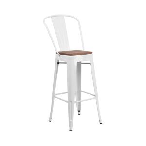 Merrick Lane Donnelly Metal Dining Stool With Curved Slatted Back And Textured Wood Seat - White