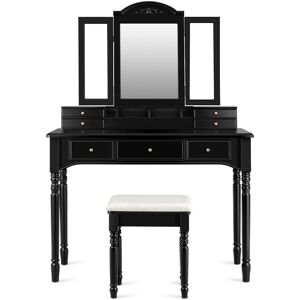 Slickblue Makeup Dressing Table with Tri-Folding Mirror and Cushioned Stool for Women - Black