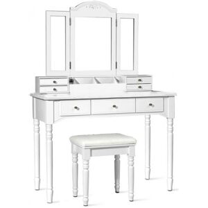 Slickblue Makeup Dressing Table with Tri-Folding Mirror and Cushioned Stool for Women - White