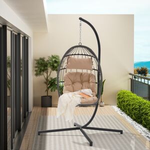 Simplie Fun Outdoor Garden Rattan Egg Swing Chair Hanging Chair Wood - Beige/khaki