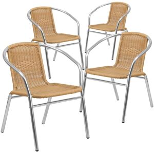 Emma+Oliver 4 Pack Aluminum And Rattan Commercial Indoor-Outdoor Restaurant Stack Chair - Aluminum and beige