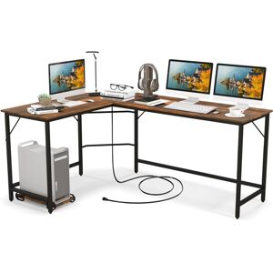 Slickblue L-Shaped Computer Desk with Cpu Stand Power Outlets and Usb Ports - Rustic brown