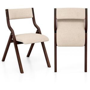 Sugift Set of 2 Wooden Folding Dining Chair with Linen Fabric Padded Seat and Backrest - Brown