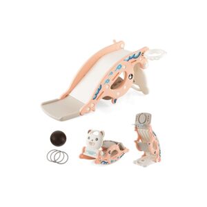 Slickblue 4-in-1 Kids Slide Rocking Horse with Basketball and Ring Toss - Pink