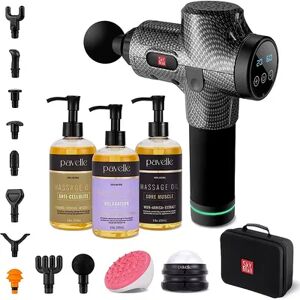 SkyMall Percussion Massage Gun Deep Tissue for Athletes - +5 Piece Spa Set with Massage Oils, Includes Massage Ball Roller & Body Massager Brush, Grey